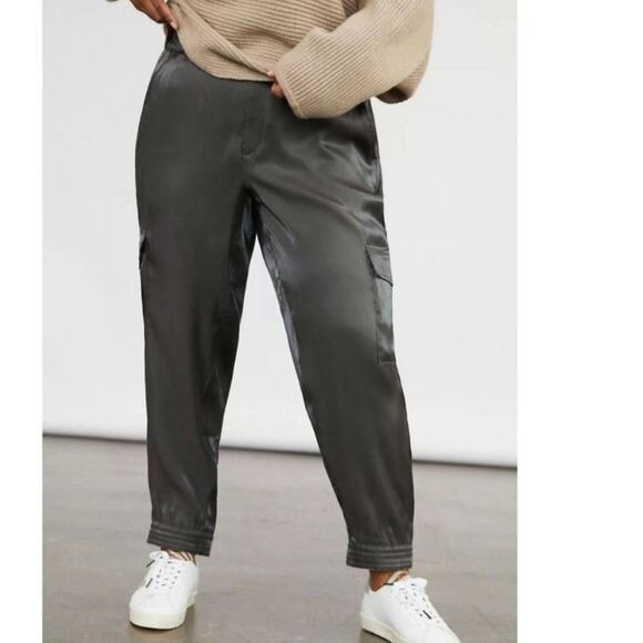 Anthropologie Satin Cargo Joggers in Carbon Gray Shimmer, sz XS - Picture 2 of 16
